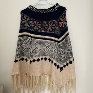 Black and Cream Poncho Sweater with Fringe